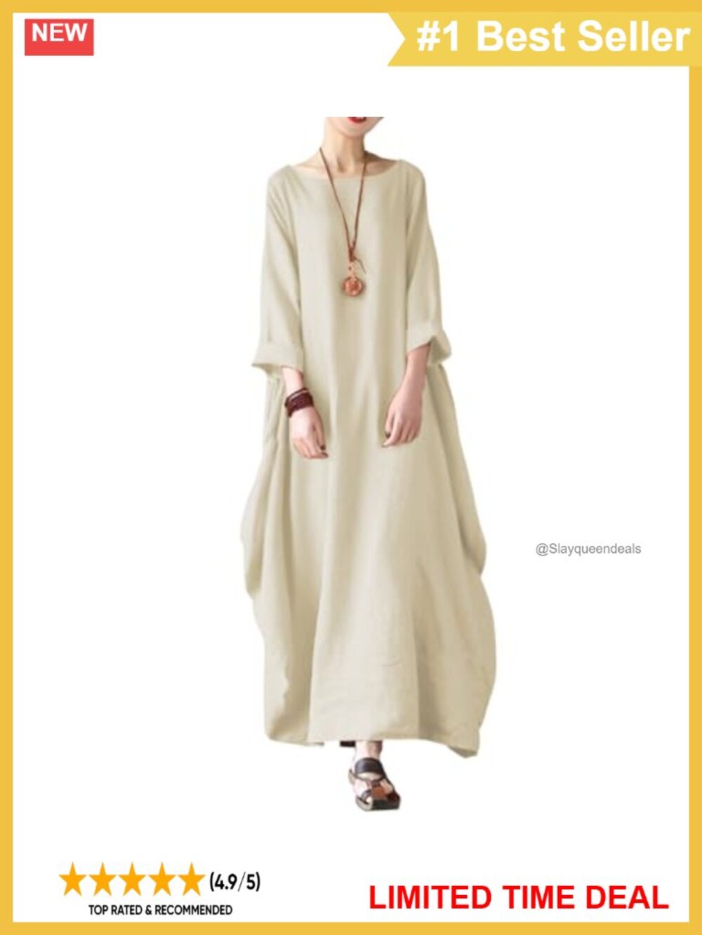 Cotton Linen Maxi Kaftan Dress with Pockets Long Sleeve Casual Beach Coverup